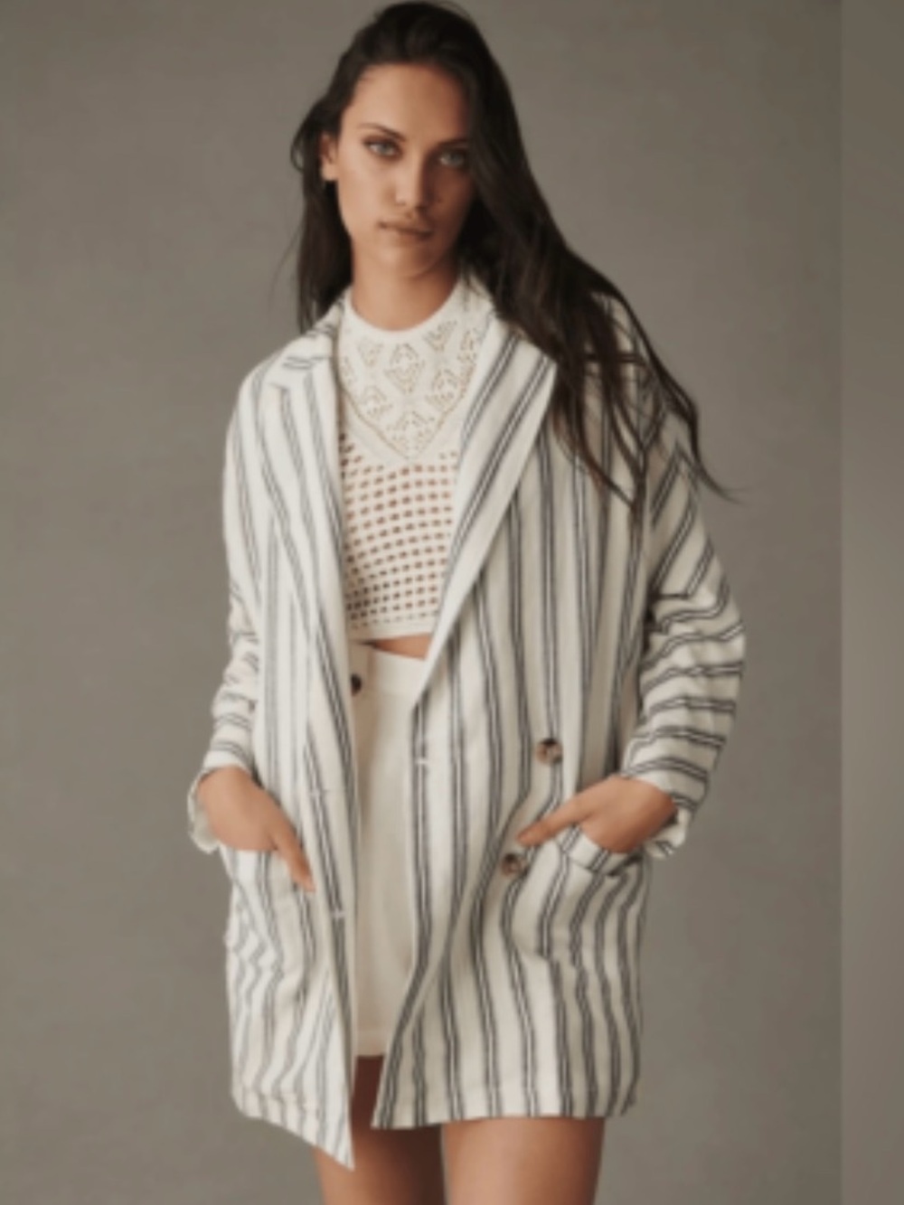 Anthropologie Pilcro Striped Open-Front Jacket in Ivory and Black